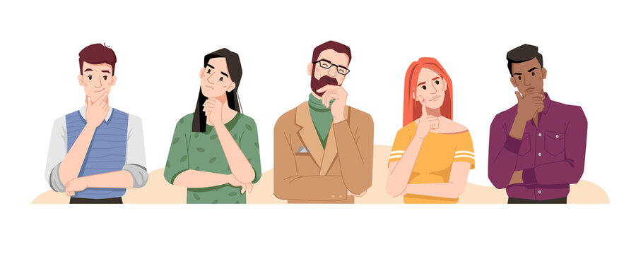 Puzzled people wondering or thinking, planning or pondering. Men and women full of thoughts, holding hand by chin. Confused males and females isolated. Cartoon character, vector in flat style
