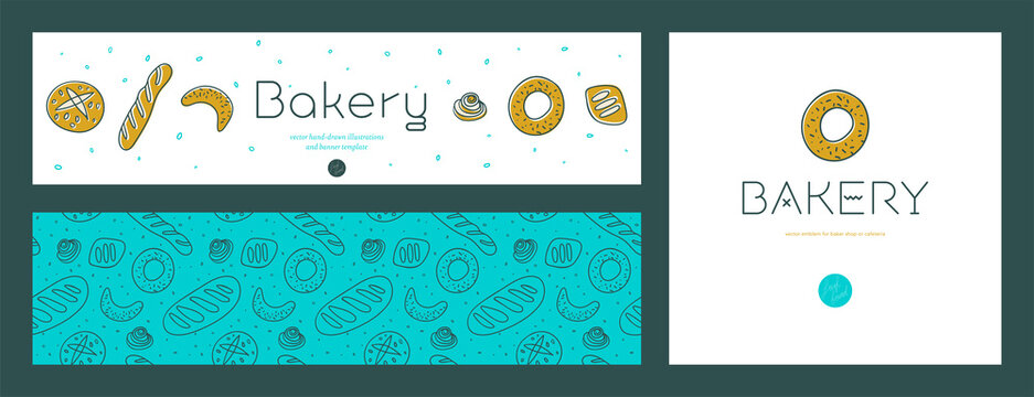 Bread seamless pattern with hand-drawn illustrations, culinary blog background. Vector flat bakery banners design and branding elements, bakery cards template for bread shop on light background.
