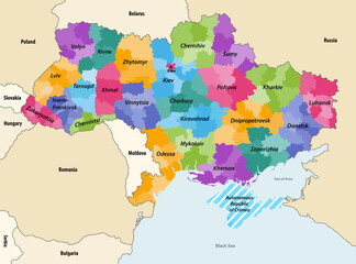 Ukraine regions (oblasts) with administrative divisions (raions) vector map with neighbouring countries and territories