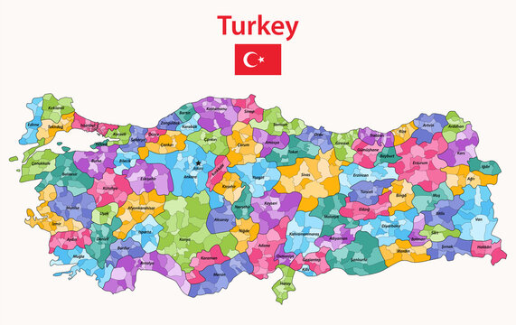 Turkey distrcts colored by provinces high detailed vector map