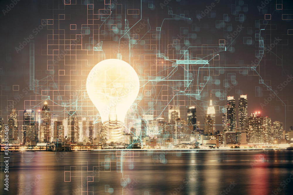 Poster multi exposure of bulb hologram drawing and cityscape background. concept of idea.