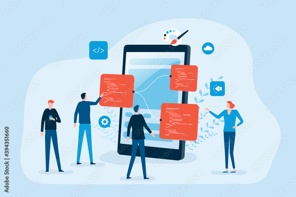 Poster mobile application and web design development process with. group business team working and meeting 