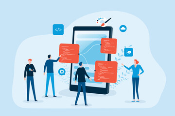 mobile application and web design development process with. group business team working and meeting 