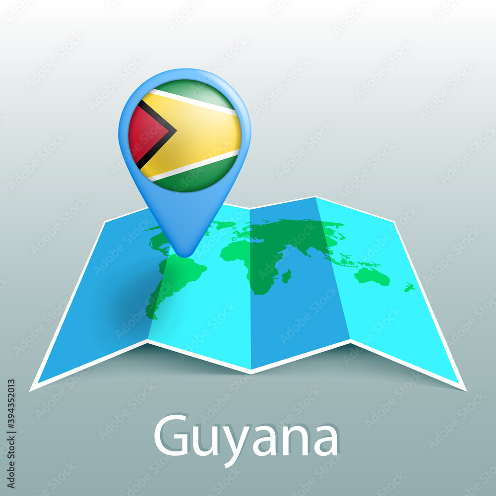 Poster guyana flag world map in pin with name of country