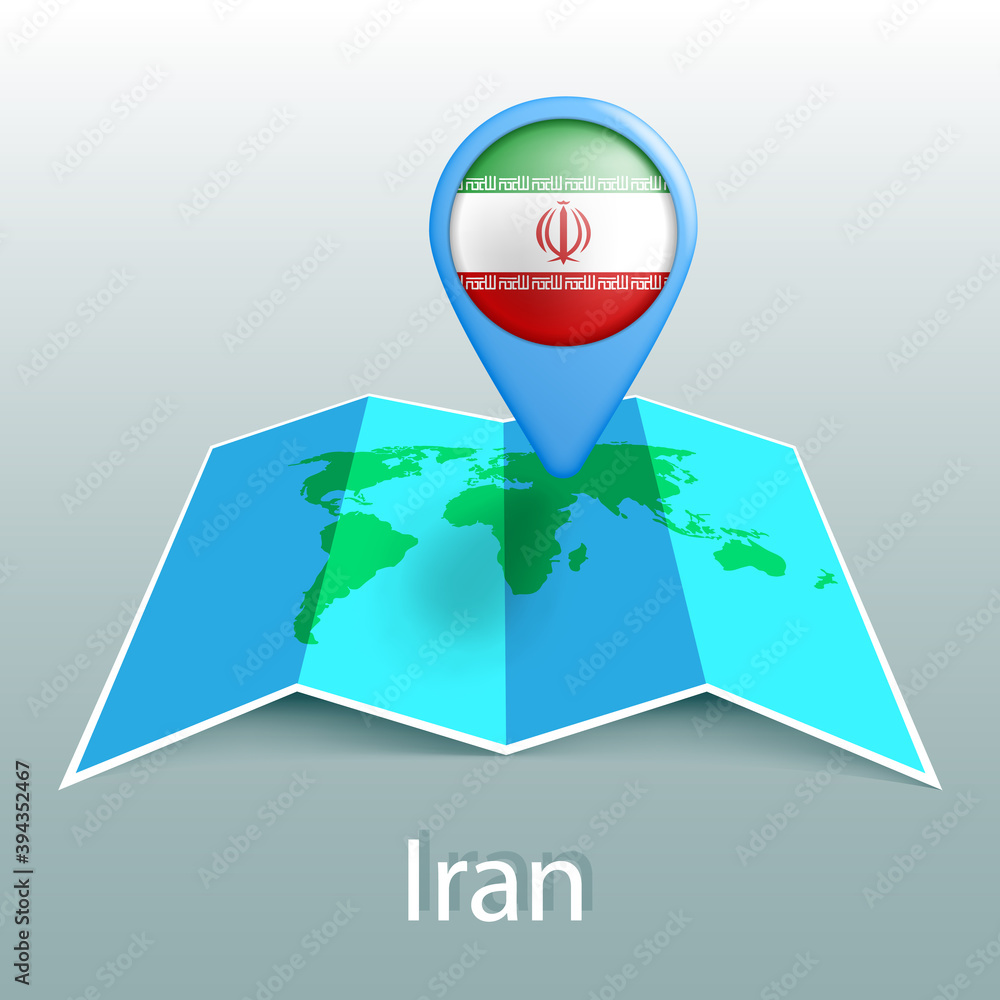 Poster iran flag world map in pin with name of country
