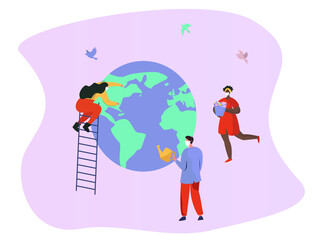 Saving the Planet.International Eco.Peace Day.Birds on Background.People care about Earth.Flat Vector Illustration