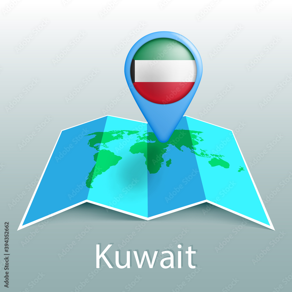 Poster kuwait flag world map in pin with name of country