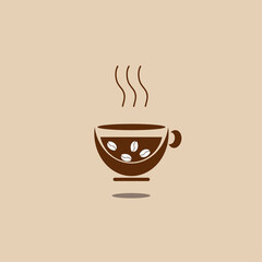 Illustration of design cup of coffee and coffee beans that are brown