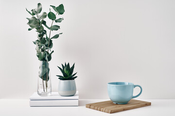 A mug, a stack of books, a wooden board and a transparent vase with eucalyptus branches. Eco-friendly materials in interior decor, minimalism. Copy space, mock up.