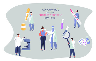 Expert Doctors Wearing Protective Suits and Help Patients with Coronavirus In Clinic.Measure Temperature and do Analyzes in Medical Masks.Coronavirus in Hospital.Stay Home.Flat Vector Illustration