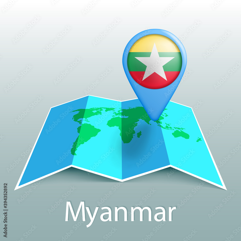 Poster myanmar flag world map in pin with name of country