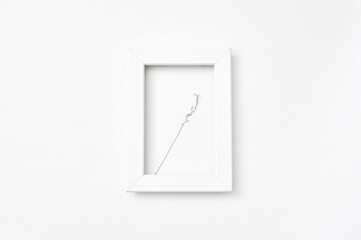 White frame on a white background and dry lavender. Copy space flat lay top view