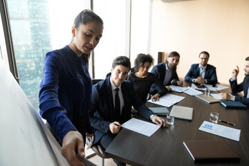 Close up of confident female leader or coach present business startup project for multiracial businesspeople at meeting. Businesswoman make flip chart presentation for diverse employees in office.