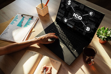 ICO - Initial coin offering. Blockchain and financial technology concept.