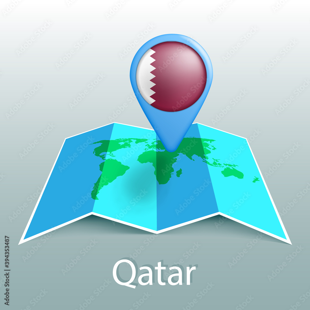 Poster qatar flag world map in pin with name of country