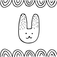 
cute scandi doodle style hare face, black and white vector minimalistic illustration for kids design