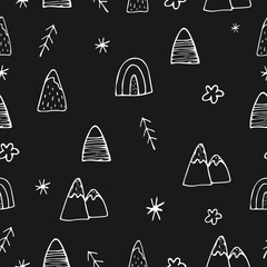 black and white seamless pattern with hand-drawn Scandinavian elements, endless texture with cute vector images of mountains and trees. Doodle style illustration