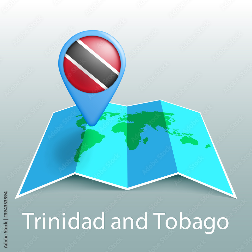 Poster trinidad and tobago flag world map in pin with name of country