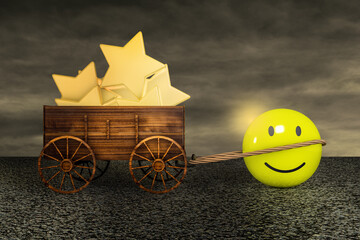 Smiling emoticon happy dragging a farm cart of golden stars on asphalt in a sunset day. Customer satisfaction rating or service experience or positive feedback survey concept. 3D illustration