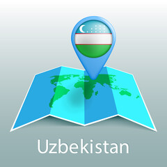 Uzbekistan flag world map in pin with name of country