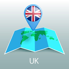 UK flag world map in pin with name of country