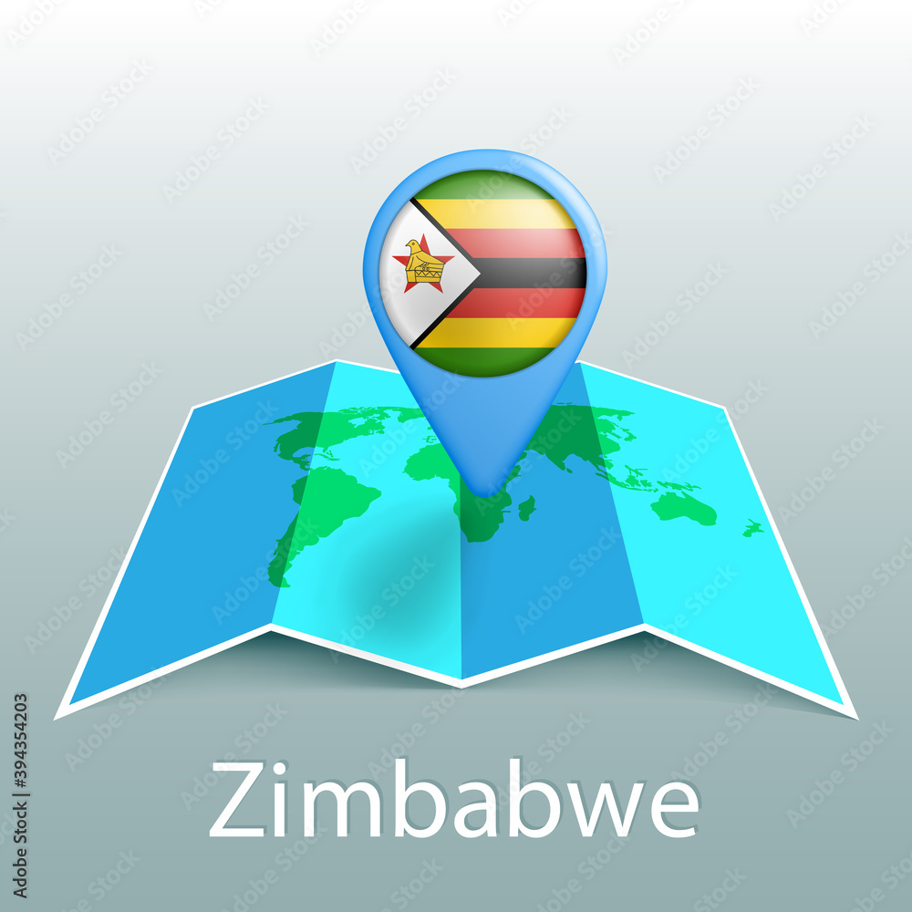 Poster zimbabwe flag world map in pin with name of country