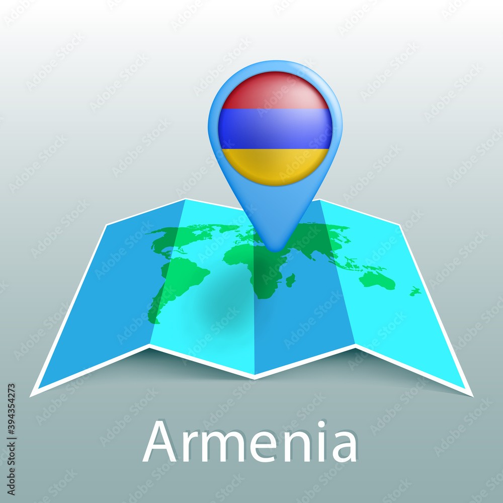 Poster armenia flag world map in pin with name of country