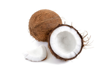 Coconut on a white background, isolated. Whole coconut, halves, shells, pieces of coconut. Tropical fruit.