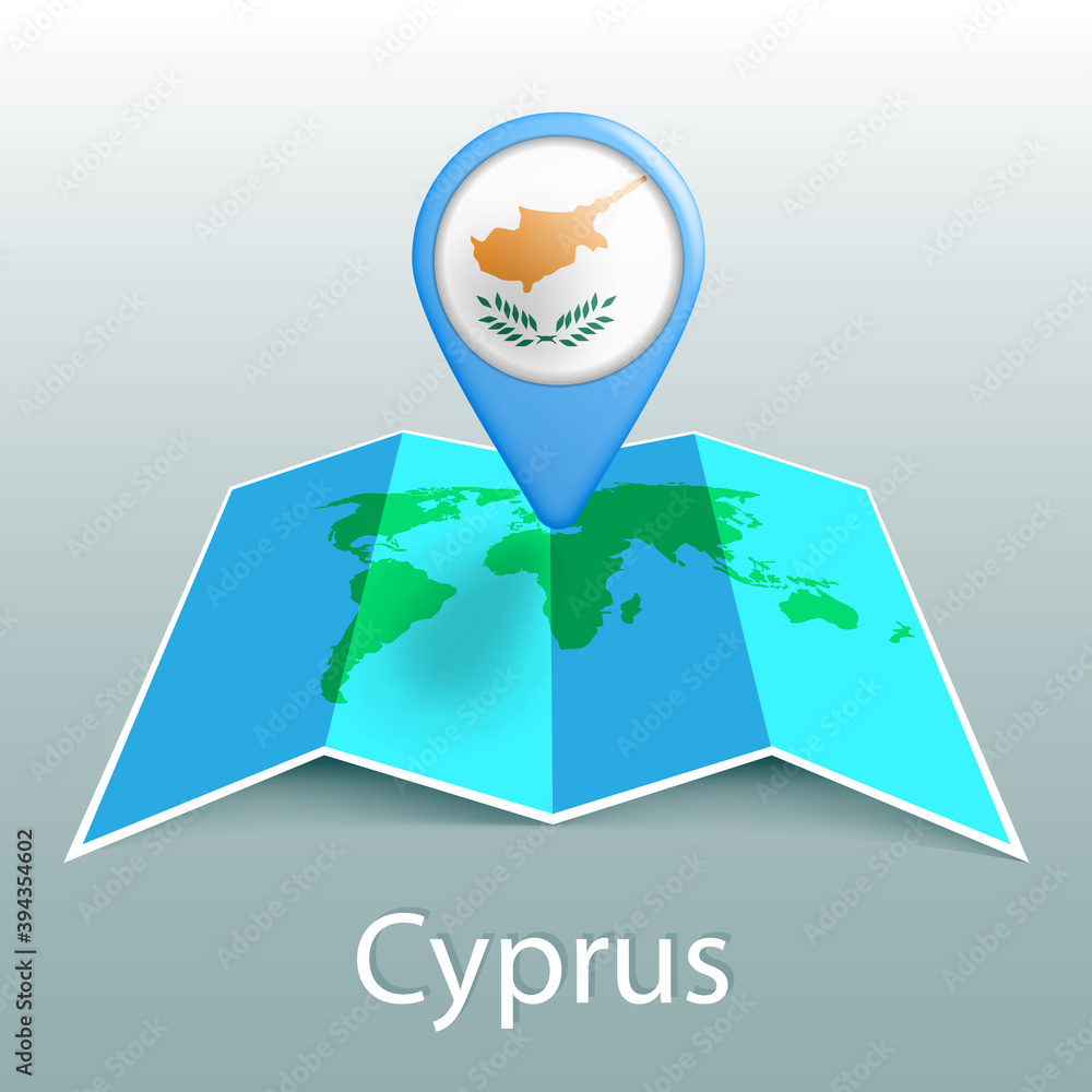 Poster cyprus flag world map in pin with name of country