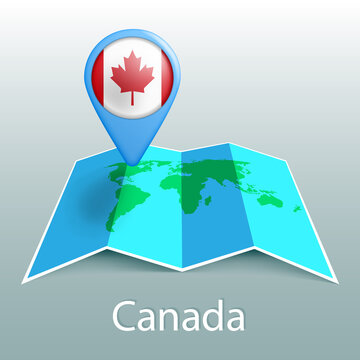 Canada flag world map in pin with name of country
