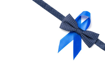 Prostate awareness. Blue ribbon, fashion bowtie isolated on white background. Awareness prostate...
