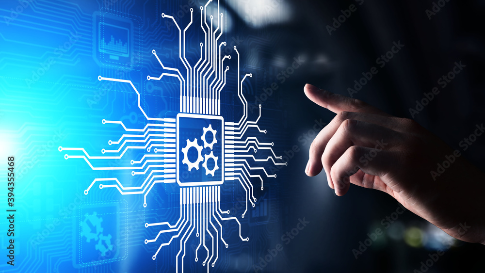 Poster gears mechanism on virtual screen. automation and business process flow. business and technology con