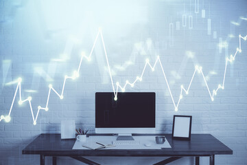 Forex graph hologram on table with computer background. Multi exposure. Concept of financial markets.