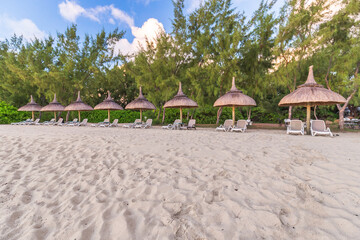 Beach chairs and umbrellas on the Ile aux Cerfs, Mauritius