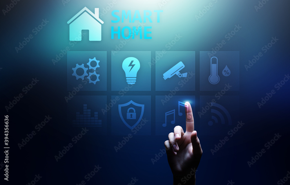 Poster smart home control panel on virtual screen. internet of things, iot, process automation concept.