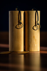  Hand made Koshi chimes musical instruments made from bamboo in the dramatic light of the morning...