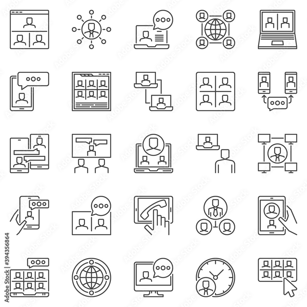 Poster online meeting outline icons set - video call and conference or communication concept vector linear 