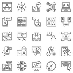 Online Meeting outline icons set - video call and conference or communication concept vector linear symbols or design elements