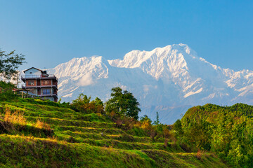 Annapurna mountains aerial panoramic view, Pokhara - obrazy, fototapety, plakaty
