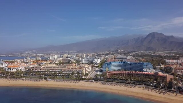 Aerial panorama of Los Cristianos and Playa del Camison beach, Tenerife, Canary islands, Spain.
