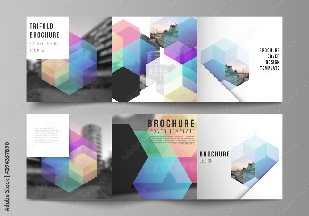 Poster vector layout of square format covers design templates with colorful hexagons, geometric shapes, tec