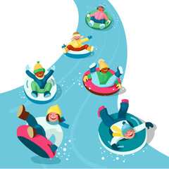 Boys and girls in winter clothes are having fun while sledding down the tubing hill on snow tubes. Winter activities on vacation. Cartoon vector illustration