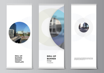 Vector layout of roll up mockup templates for vertical flyers, flags design templates, banner stands, advertising design mockups. Background template with rounds, circles for IT, technology.