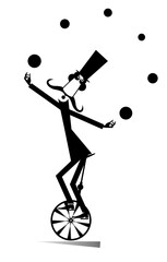 Funny long mustache man in the top hat balances on the unicycle and juggles the balls black on white © bigmen