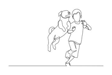Continuous line drawing of happy little boy playing with dog pet. One line art concept of happy childhood. Vector illustration	