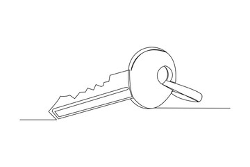 Continuous line drawing of key in isolated white background. One line art concept of real estate and business logo and symbol. Vector illustration