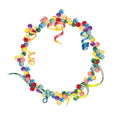 Round vintage frame of colored confetti and serpentine streamers. Christmas, birthday, New Year Party festival pattern. Watercolor hand painted isolated elements on white background.