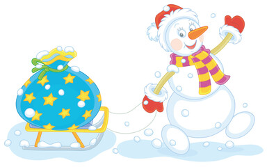 Friendly smiling snowman with a red hat, a warm scarf and mittens carrying a big bag of winter holiday gifts on a toy sledge, vector cartoon illustration isolated on a white background