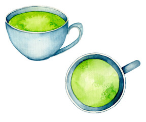 Matcha Latte Milk Green Tea Watercolor Hand drawn illustration isolated on White Background. For design, print, greeting card, wrapping paper, blogs, posts, menu, recipe, label, packaging