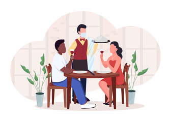 Date during virus epidemic flat concept vector illustration. Cafe waiter in medical protective mask. Boyfriend and girlfriend 2D cartoon characters for web design. Lockdown creative idea